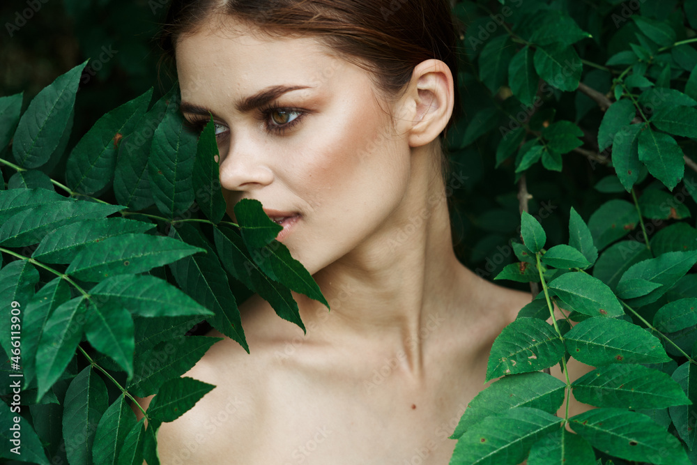 smiling woman skin care bare shoulders green leaves nature close-up smiling woman skin care bare shoulders green leaves nature close-up