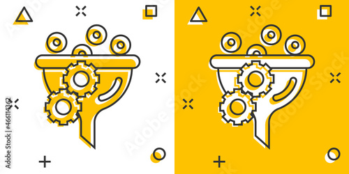 Filter icon in comic style. Funnel cartoon vector illustration on white isolated background. Chemical cone splash effect business concept.