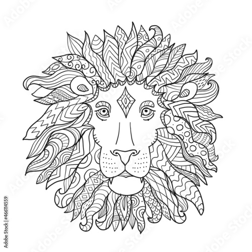 Hand drawn outline lion head decorated with abstract doodle zentangle ornaments. Sketch for your design