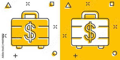 Money briefcase icon in comic style. Cash box cartoon vector illustration on white isolated background. Finance splash effect business concept.