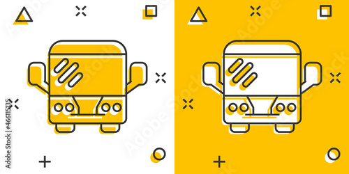 Bus icon in comic style. Coach cartoon vector illustration on white isolated background. Autobus vehicle splash effect business concept.