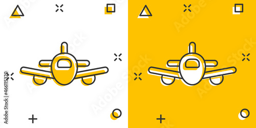 Plane icon in comic style. Airplane cartoon vector illustration on white isolated background. Flight airliner splash effect business concept.