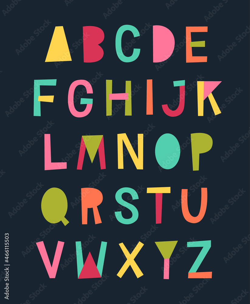 Colorful hand drawn uppercase alphabet vector design.