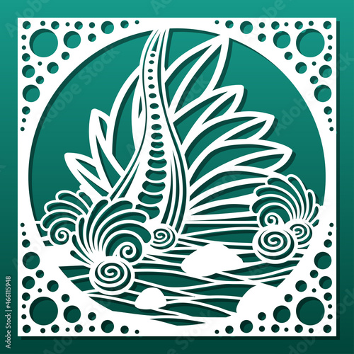 Laser cut panel with sea nautical underwater design. Cnc cutting stencil; paper art; wall hanging; home interior decor; room privacy screen.  Seashells, coral reefs, weeds. Vector illustration