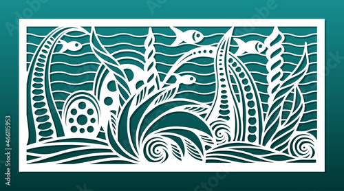Laser cut panel with sea nautical underwater design. Cnc cutting stencil, paper art, wall hanging, home interior decor, room privacy screen. Sea shells, weeds, reefs, koi fish.  Vector illustration
