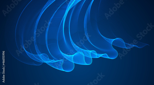 Dynamic magic particles wave flowing over dark, transparent tulle textile on wind. Dotted curves vector abstract background. Beautiful 3d wave shaped array of blended points.