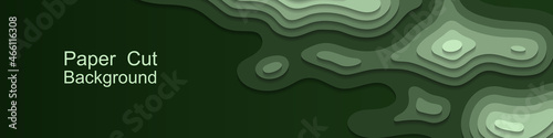 Paper cut topography background. Green area relief map with hills and mountain, or islands in ocean. Origami 3d multi layers. Modern trandy paper design for banner. Vector illustration
