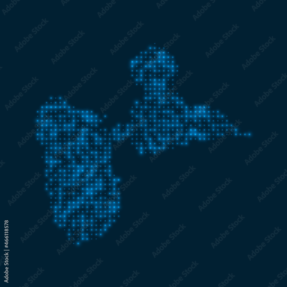 Grande-Terre dotted glowing map. Shape of the island with blue bright bulbs. Vector illustration.