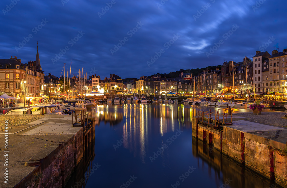 Blue hour scene at historical port of Honfleur, a french commune in the Calvados