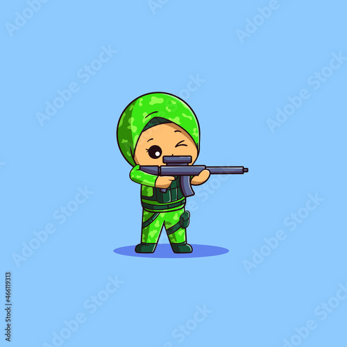 cute illustration of muslim female soldier standing and aiming at the opponent
