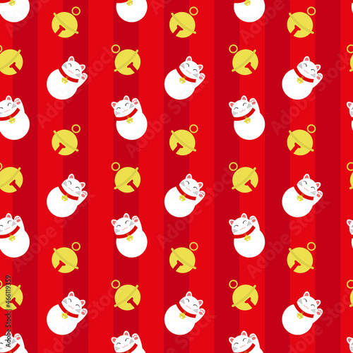Seamless pattern with maneki neko and bells on red background. Backdrop with japanese lucky welcoming cat. Vector illustration. 