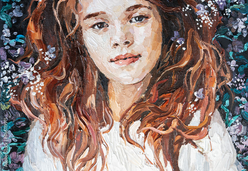 Fototapeta Naklejka Na Ścianę i Meble -  A young girl lies in blue flowers. Portrait of women in a white dress. Oil painting on canvas.