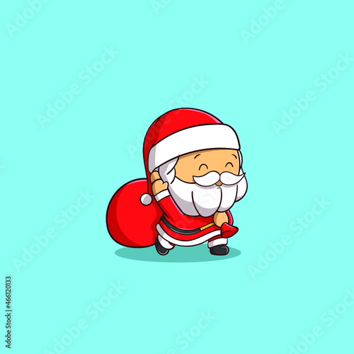 Cute Santa Claus brings a gift bag and greeting with a wave flat cartoon style Premium Vector