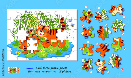Logic game for children and adults. Find three puzzle pieces that have dropped out of picture. Printable page for kids brain teaser book. Developing spatial thinking. Play online. Vector illustration.