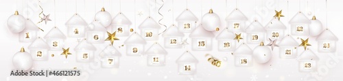 Christmas advent calendar. Paper sheets with number of the day of december, confetti, decorations on a white. New Year greeting card.
