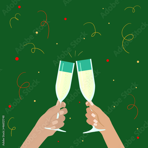 Human hand holding a glass of champagne. Postcard for the holiday New Year, Christmas, wedding day.