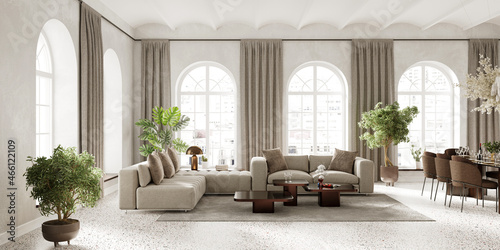 Large living room with arch windows, furnished with modern sofa and dining table, 3d render  © Василь Чейпеш