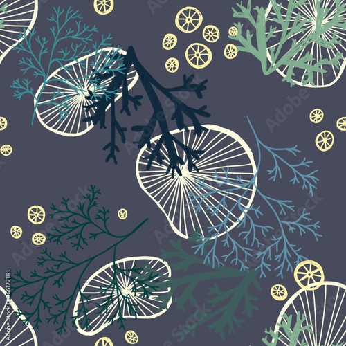 aquatic sea life seamless pattern with shells and corals