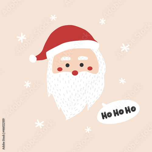 Cute doodle santa with message bubble. Christmas vector illustration in white and red colors. Santa Claus with white beard and red hat. Father Frost with text hohoho. Christmas and New Year design.
