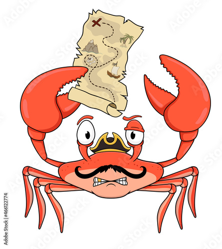 cartoon crab pirate with treasure map. isolated on white background