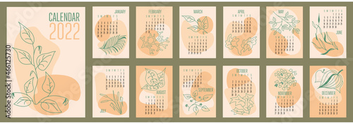 Vector vertical calendar 2022 trendy abstract shapes with hand drawn botanic plants. A set of the 12 pages and cover in size A3, A4, A5. Week starts on Sunday. Design in natural pastels colors.