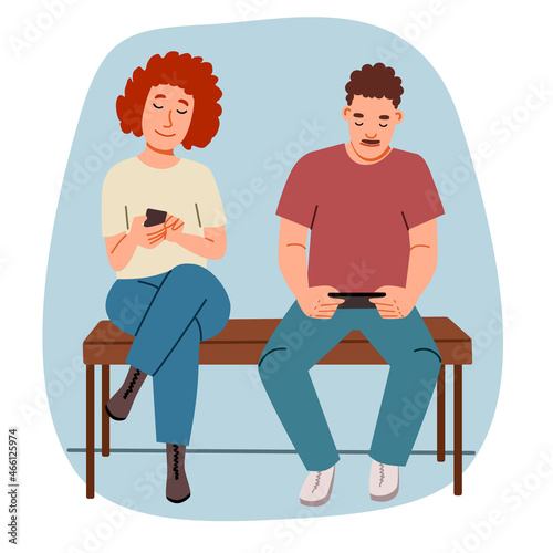 queue. people are sitting in line on a bench. vector illustration in a flat style