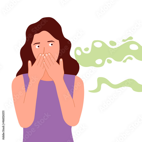 Woman puzzled about the bad smell in flat design on white background. Female cover her nose from unpleasant smell.