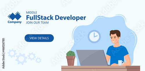 Recruitment web vertical banner concept. Full Stack Developer needed. Young man working on laptop in office. Job offer, vacancy, HR, hiring. Vector flat Illustration.