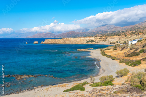 Triopetra is the name of a cape and a small settlement named after it on the south coast of the Greek island of Crete.The cape takes its name from a rock formation reaching into the sea