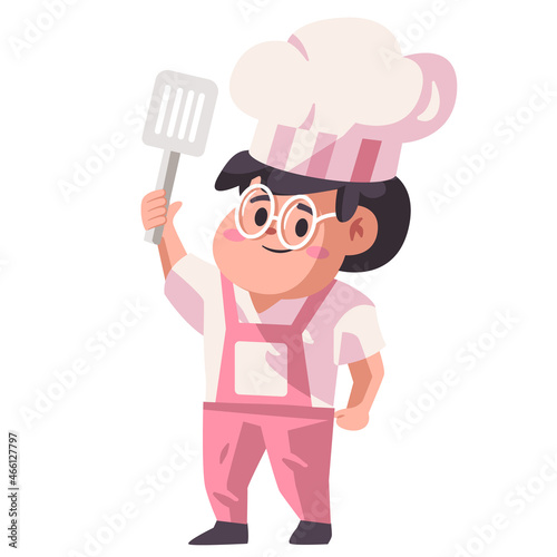 Children kids using cuisine chef hat and holding paddle kitchen utensils cartoon flat color isolated background vector illustration