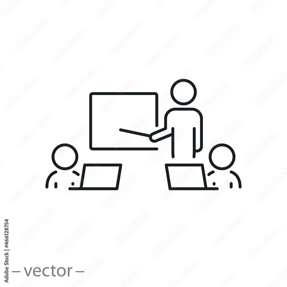 workplace culture icon, office employee, integrity work, coworking  team, persons at the computer, training or workshop, thin line symbol on white background - editable stroke vector illustration