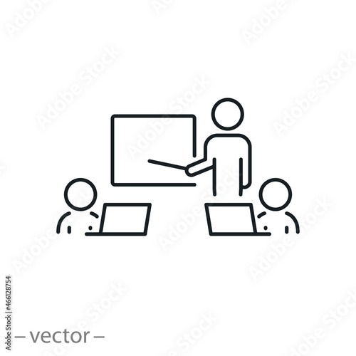workplace culture icon, office employee, integrity work, coworking  team, persons at the computer, training or workshop, thin line symbol on white background - editable stroke vector illustration