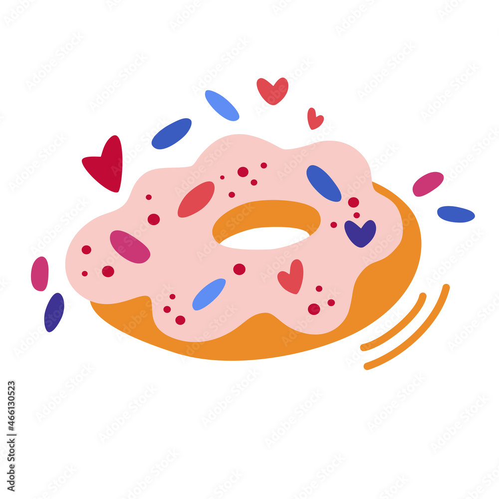 Donut with pink icing. Sweet dessert for Valentines day. For the design of recipes, menus, culinary blogs, stationery. Vector cartoon illustration. Isolate on a white background. Donut with pink icing. Sweet dessert for Valentines day. For the design of recipes, menus, culinary blogs, stationery. Vector cartoon illustration. Isolate on a white background.