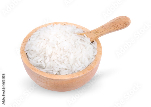 rice in wood bowl isolated on white background