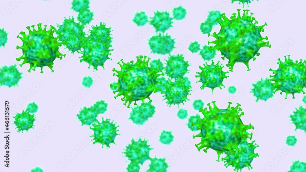 Loopable: Microscopic generic coronavirus family green virus particles flying. Abstract 3D animation background. Loopable: Microscopic generic coronavirus family green virus particles flying. Abstract 3D animation background.