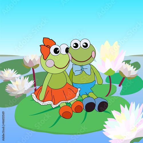 funny loving frogs on the lake with water lilies