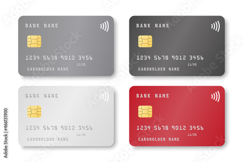 Bank card realistic mockup set - white, black, gray and red credit or debit cards with blank copy space isolated on white background. Vector illustration. photo