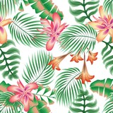colorful leaves seamless tropical pattern fashionable with abstract flowers, monstera palm leaves plants and banana leaf on white background. vector design print. Floral background wallpaper. Exotic t