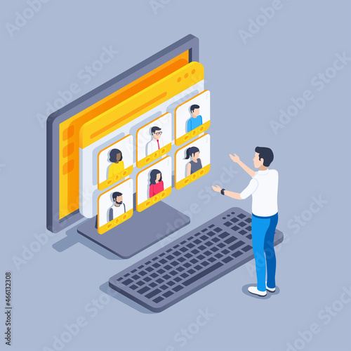 isometric vector illustration on gray background, man communicates by video conference with people via computer, remote meeting or business meeting