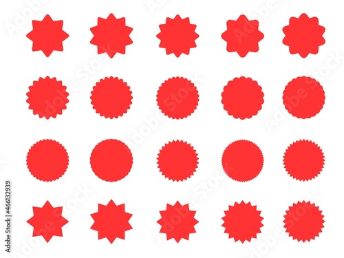 A collection of bright red labels. Sticker with a sale or discount. The price tag of a special offer in retail. Supermarket advertising icon. Vector icon of the sun rays.