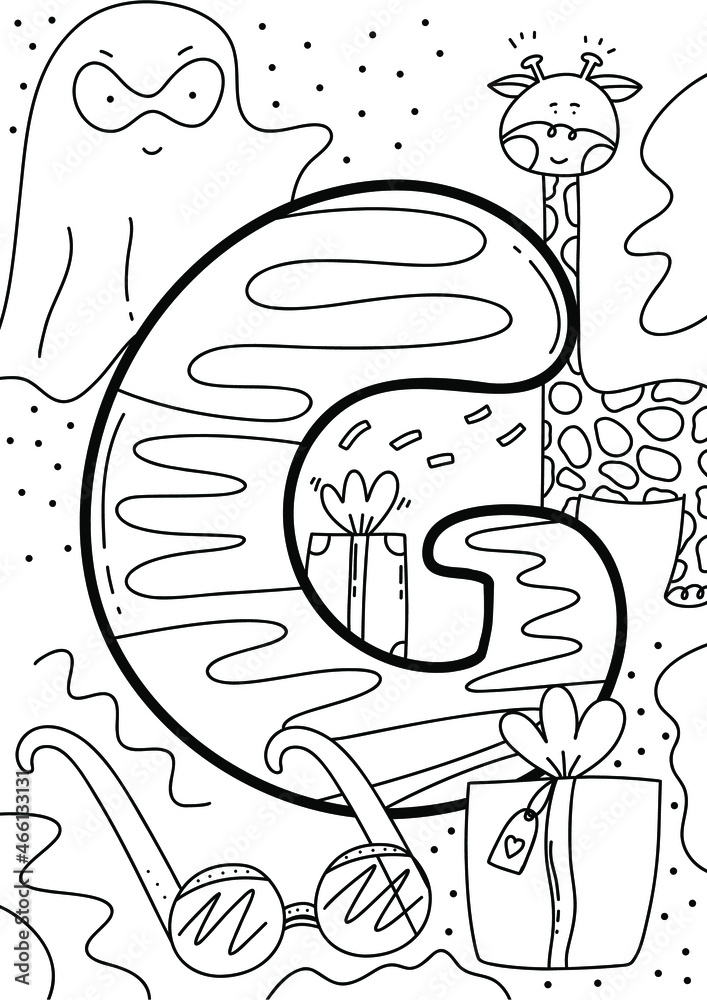 coloring alphabet for kids. Abc coloring page for kids. Letter G. Stock