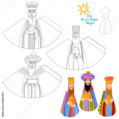 Template for 3D cut out figures of three biblical kings (Caspar, Melchior and Balthazar). Dia de reyes! (Three Kings Day!). Coloring page.