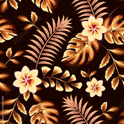 Watercolor style illustration topical seamless pattern with elegance rainforest and abstract beautiful flowers on night background. Floral background. Exotic tropics. beach Summer themed design. 