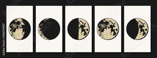 The Moon, Moon Phases in modern colors, contemporary aesthetic poster, background or card template in popular art style