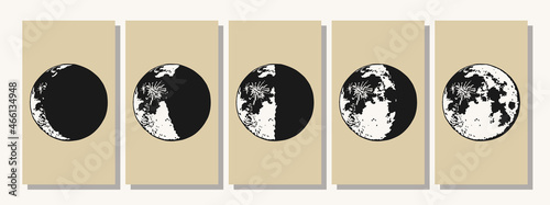The Moon, Moon Phases in modern colors, contemporary aesthetic poster, background or card template in popular art style
