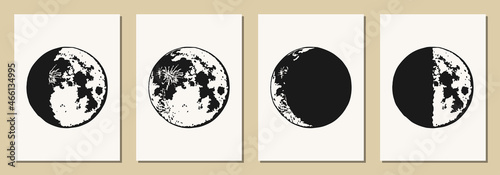 The Moon, Moon Phases in modern colors, contemporary aesthetic poster, background or card template in popular art style