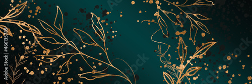 Background with effects and gold paint splatters. Minimalistic style with gold ribbons. Plants with leaves, organic shapes, watercolor style. For web, banners or cards.