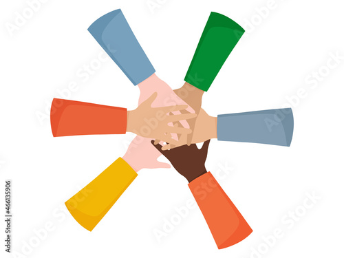 Hands together. Set of different races raised up hands. Symbol of friendship between people.