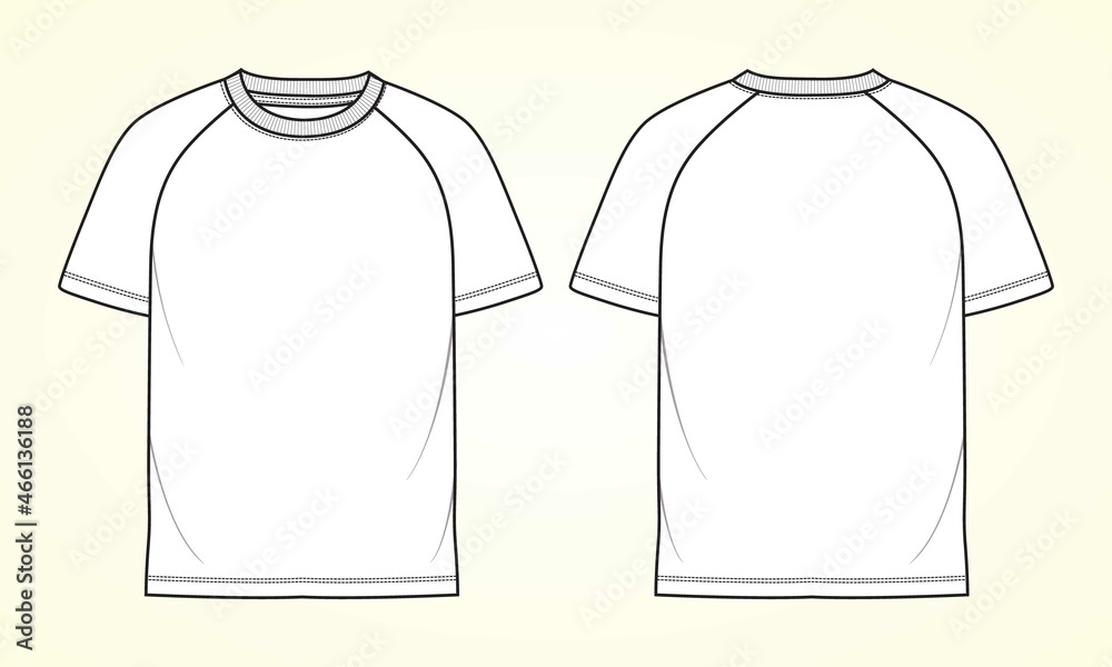 Short sleeve Raglan T shirt technical fashion flat sketch vector  Illustration template front, back views isolated Off white Background. Basic  apparel Design Mock up. Stock Vector | Adobe Stock