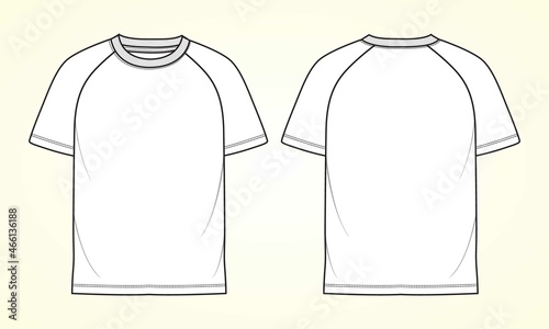 Short sleeve Raglan T shirt technical fashion flat sketch vector Illustration template front, back views isolated Off white Background. Basic apparel Design Mock up.